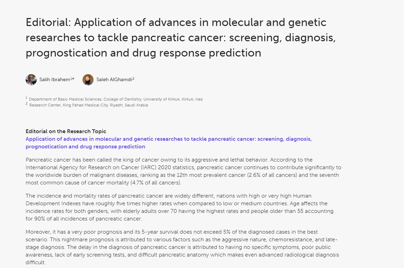 Published Research on Application of advances in molecular and genetic researches to tackle pancreatic cancer: screening, diagnosis, prognostication and drug response prediction