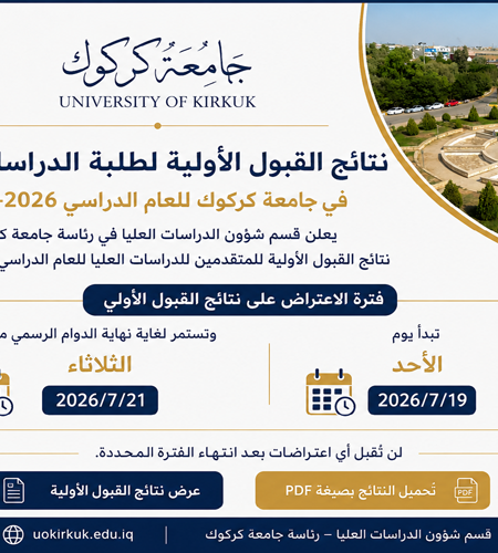 يعلن قسم شؤون الدراسات العليا في رئاسة جامعة  كركوك نتائج القبول الأولية للمتقدمين للدراسات العليا  للعام الدراسي 2026-2027