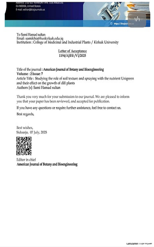 تدريسي في كلية النباتات الطبية والصناعية ينشر بحثاً جديداً في مجلة عالمية