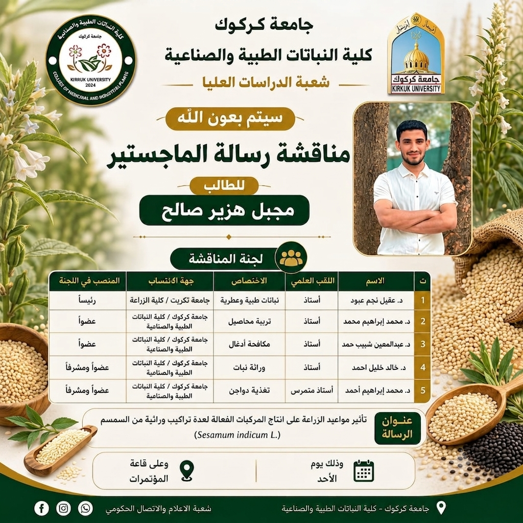 كلية النباتات الطبية والصناعية تعلن عن موعد مناقشة رسالة الماجستير للطالب (مجبل هزير صالح)