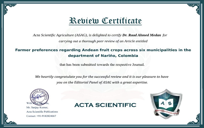 تدريسي بكلية الزراعة يحصل على شهادة تقييم بحث من مجلة علمية عالمية. 