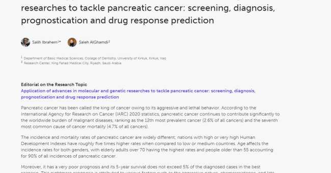 Published Research on Application of advances in molecular and genetic researches to tackle pancreatic cancer: screening, diagnosis, prognostication and drug response prediction