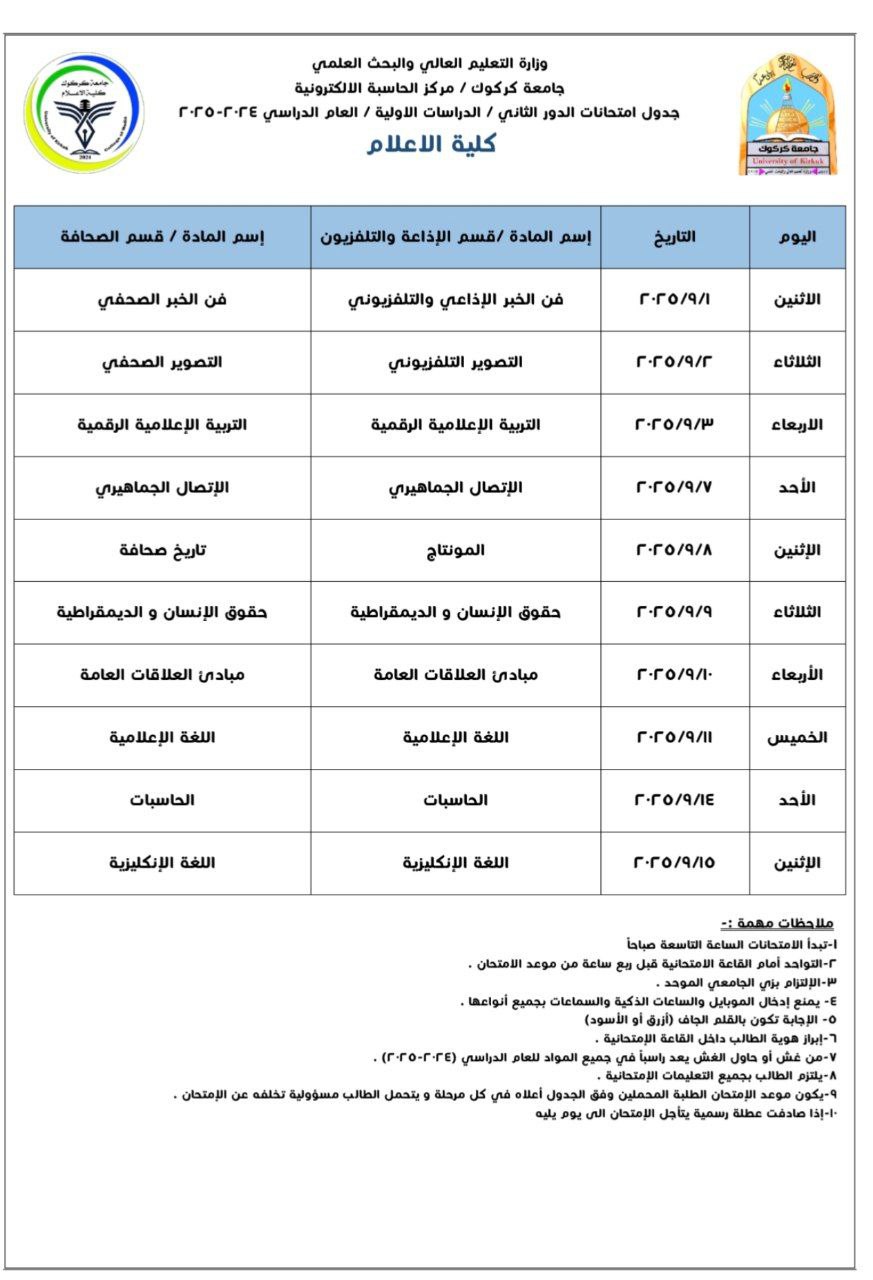 جداول امتحانات نهاية الفصل الثاني ونهاية السنة  للعام الدراسي 2024-2025 ، الدور الثاني 