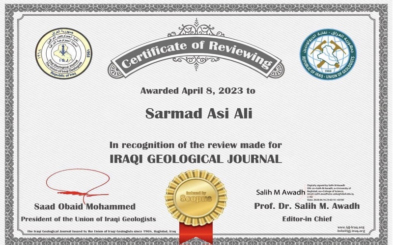 تدريسي في كلية العلوم / جامعة كركوك يحصل على شهادة تقديرية من المجلة الجيولوجية العراقية
